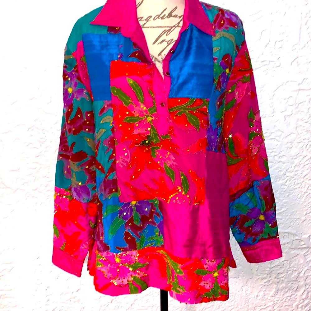 🦋OOAK Rainbow Patchwork Silk Embellished Tunic Top